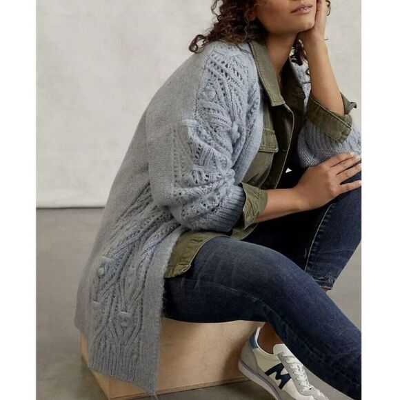 Anthropologie Nuria Cable Knit Cardigan Sweater Blue Women XS Petite Cozy Fuzzy - Picture 5 of 11